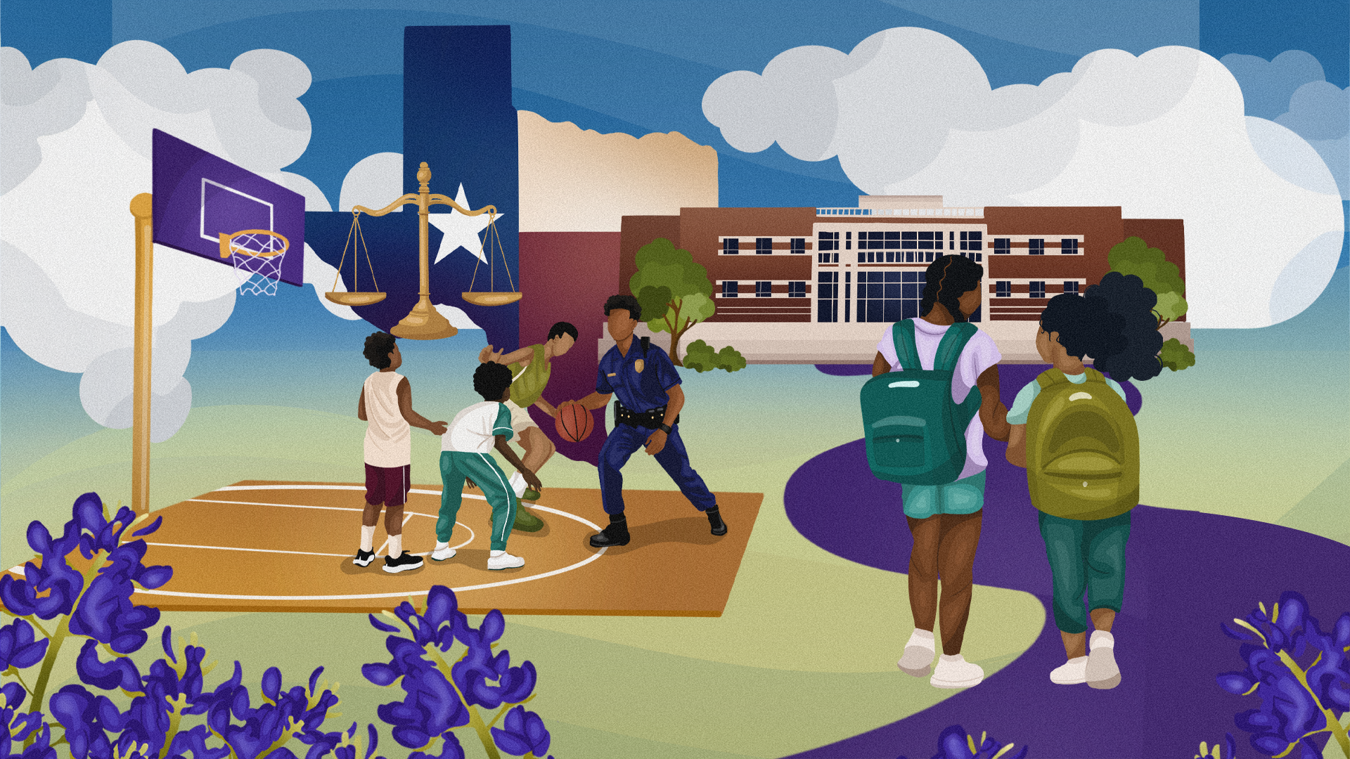 Illustration of young students heading into COJJ building, and a police officer playing basketball with kids.