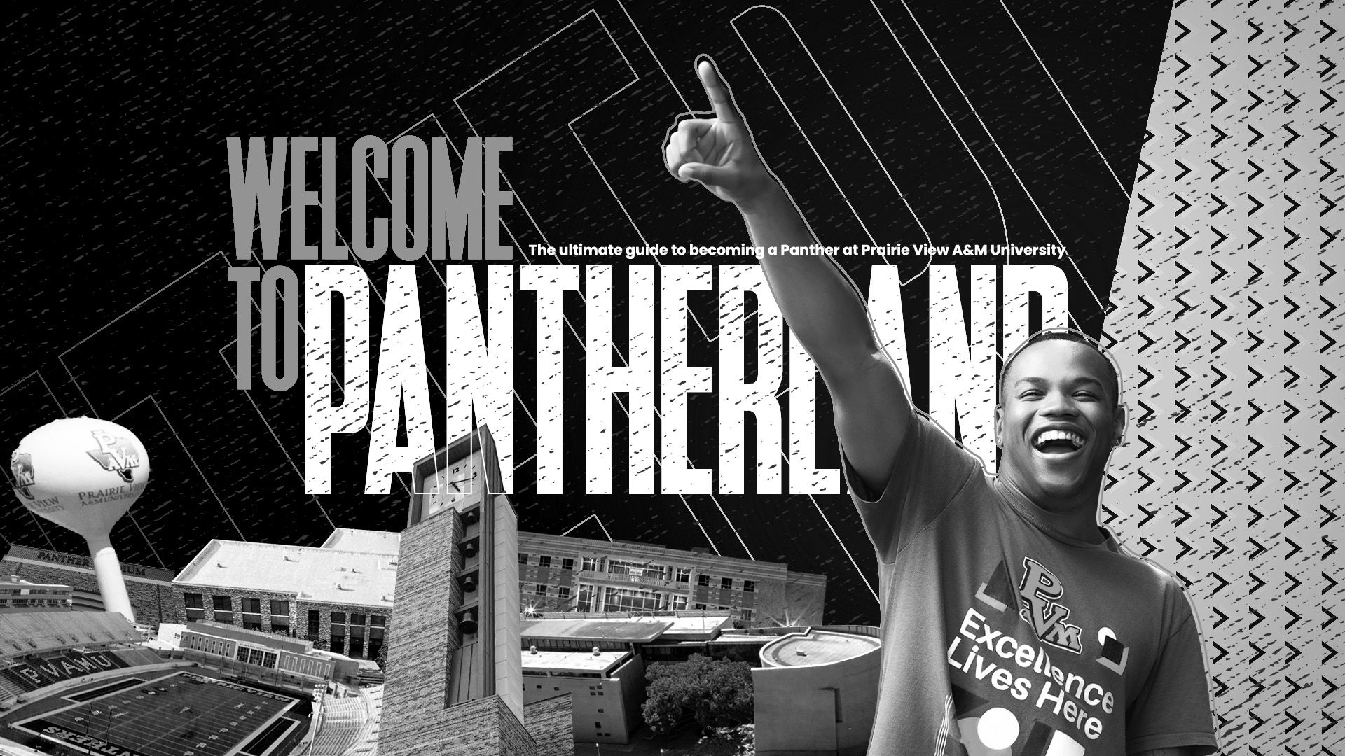 Black and white image of a male student pointing upward with the text welcome to Pantherland behind him.